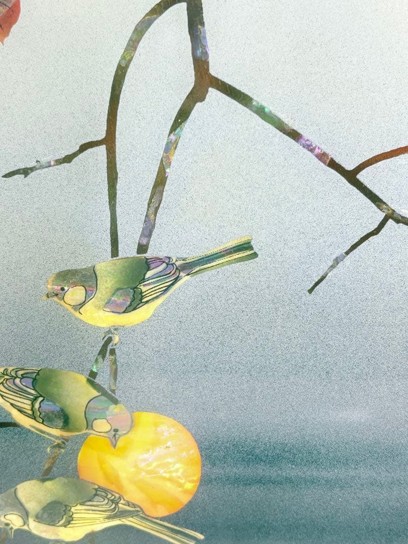 螺鈿細工 日本画 鳥 果物 柿 額装 絵画 アート アンティーク