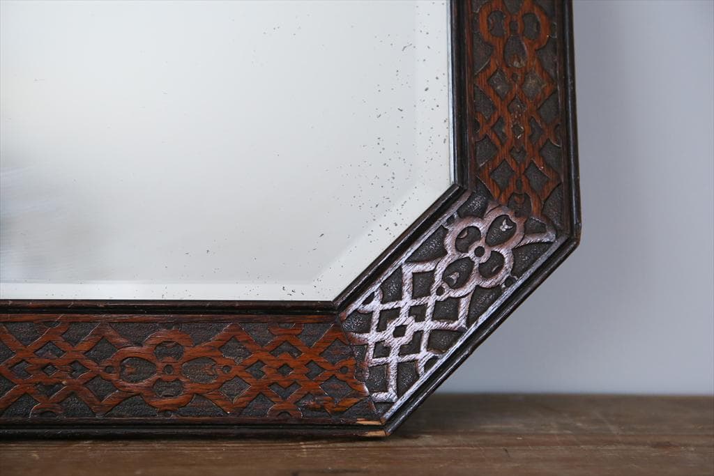 英国アンティーク木製カッティングミラー/壁掛け鏡オクタゴン八角形85-157-3