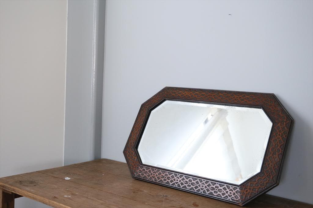 英国アンティーク木製カッティングミラー/壁掛け鏡オクタゴン八角形85-157-3