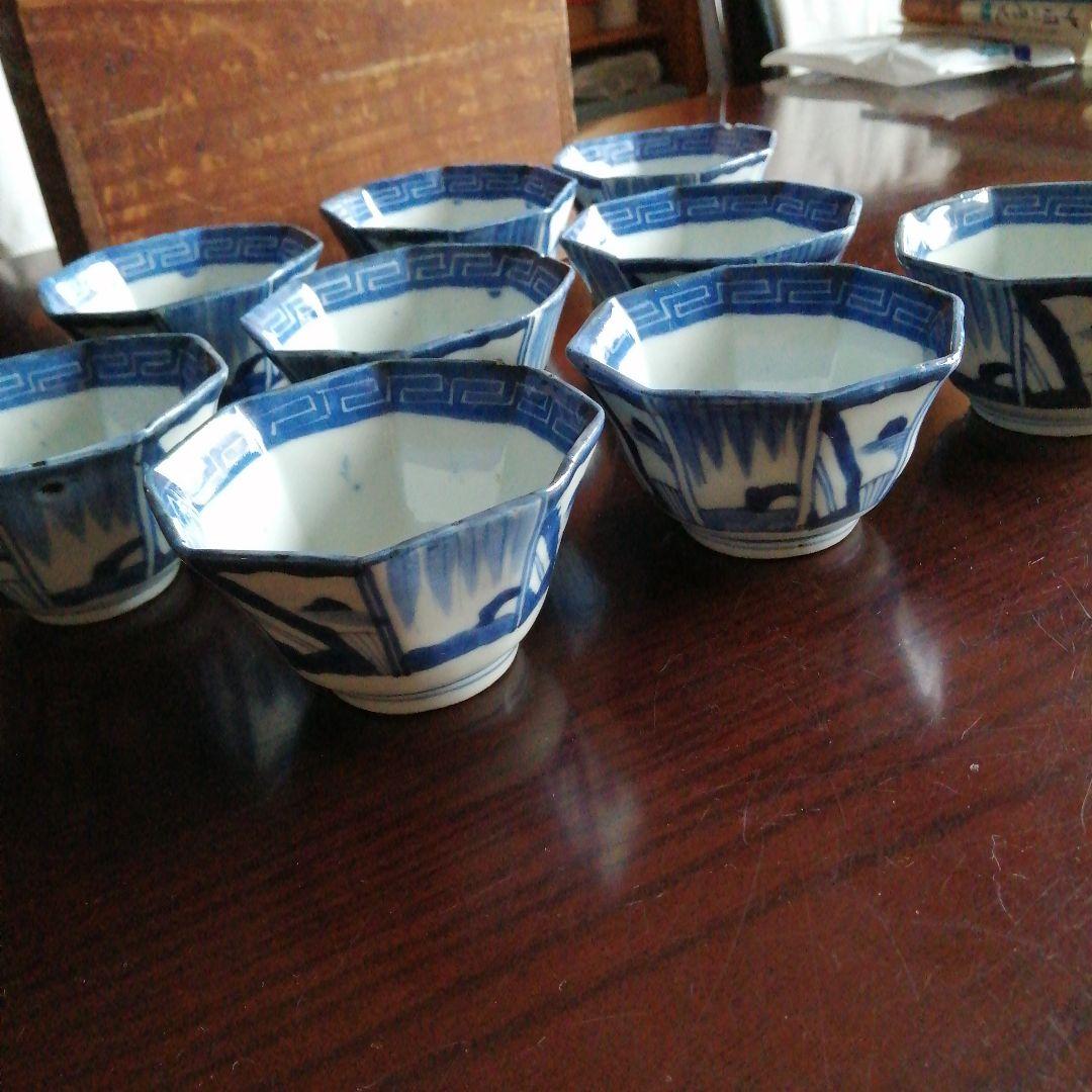 古伊万里　染付八角向付　9客　10cm　江戸中期（1700年代後半）