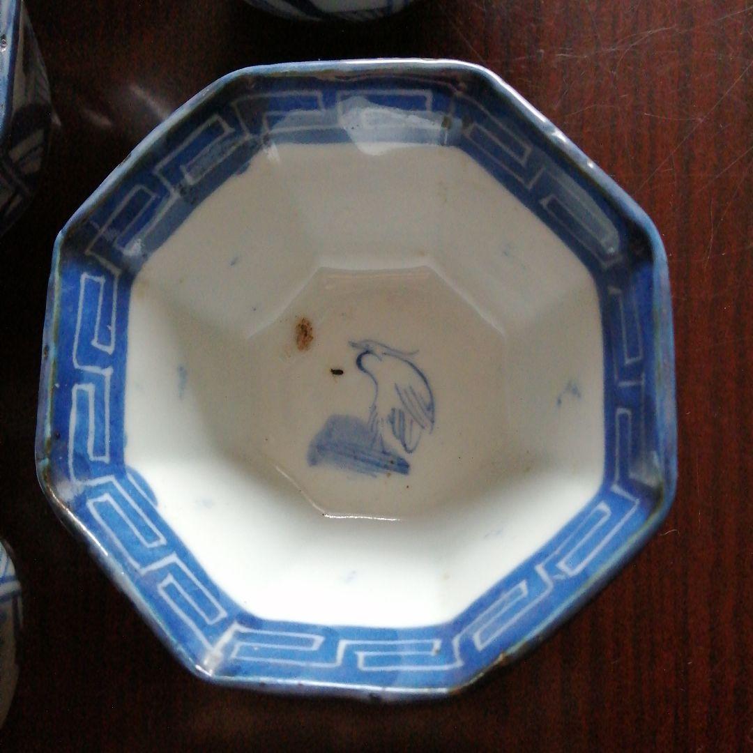 古伊万里　染付八角向付　9客　10cm　江戸中期（1700年代後半）