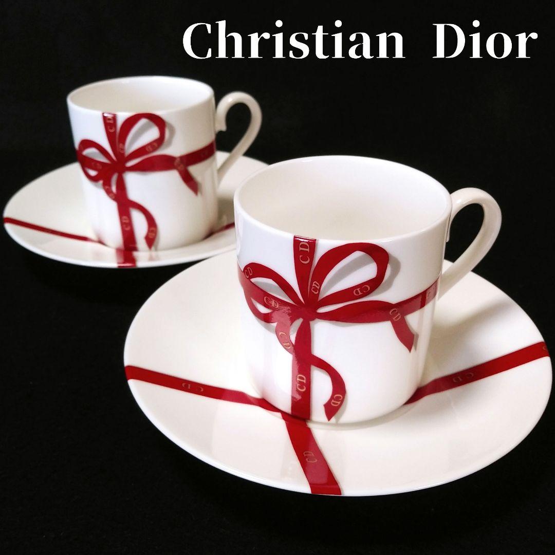 希少◇クリスチャンディオール リボン柄 ペア カップ&ソーサー 2客 未