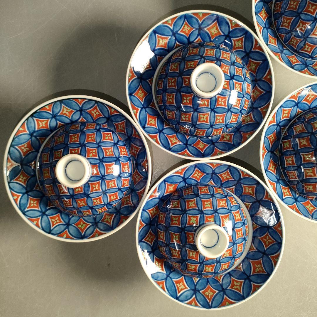 A1310-4/有田焼/源右衛門窯/染錦七宝文珍味入5客/銘々皿/懐石道具/