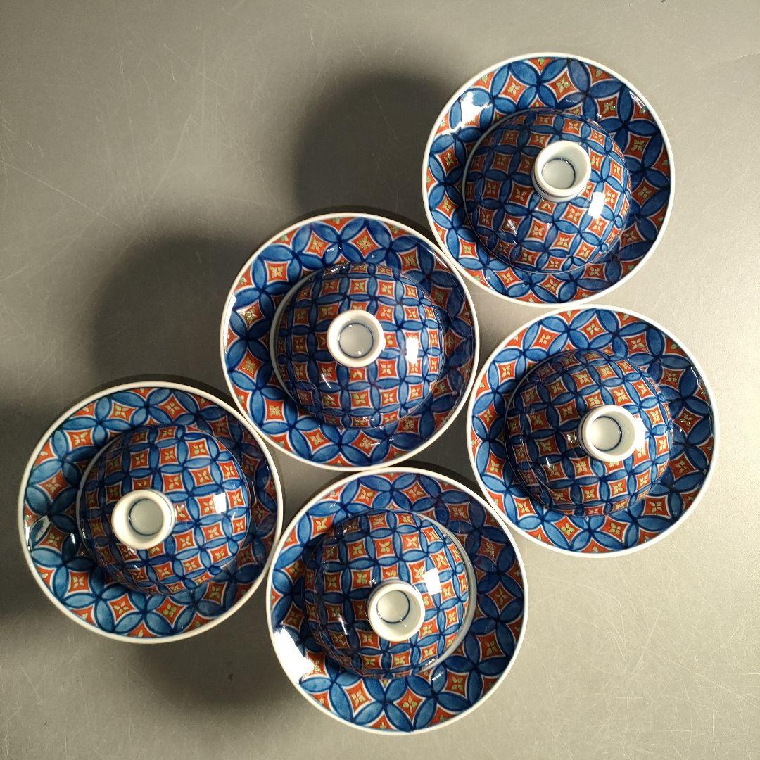 A1310-4/有田焼/源右衛門窯/染錦七宝文珍味入5客/銘々皿/懐石道具/