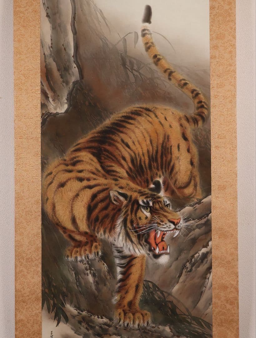 【真作】日本画 松原寿石 猛虎図 絹本 掛け軸 大正7年岐阜 MA839