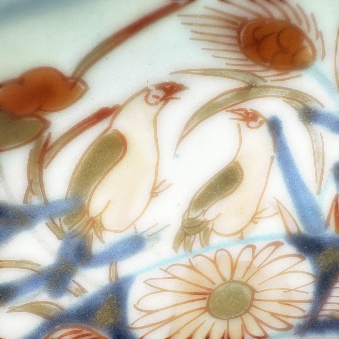 元禄伊万里 色絵花鳥図七寸皿 建築物 金蘭手 赤絵 裏椿文 状態◎ 蒐集