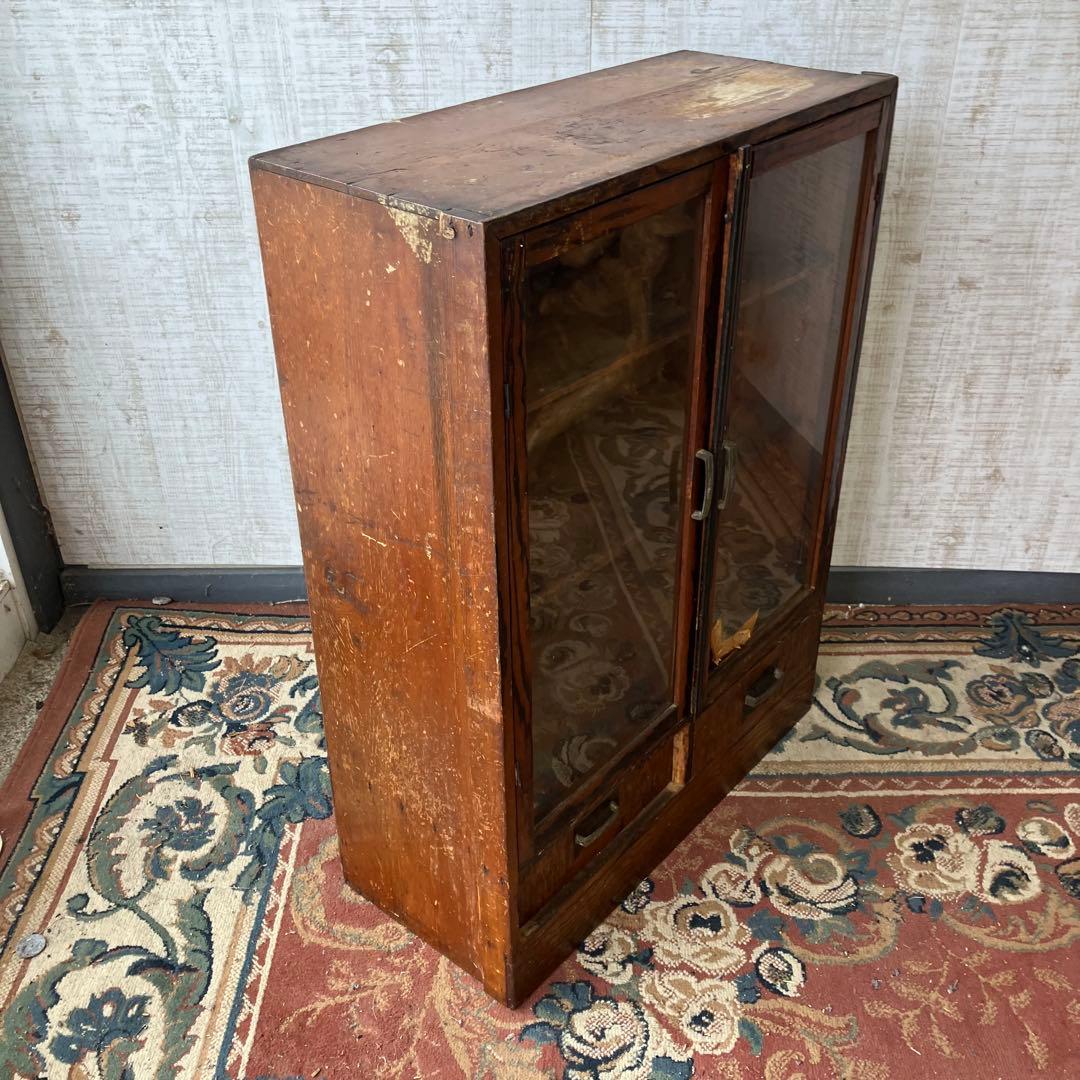 昭和レトロ 古家具 ガラス戸 木製キャビネット 食器棚 飾り棚 サイドボード古材