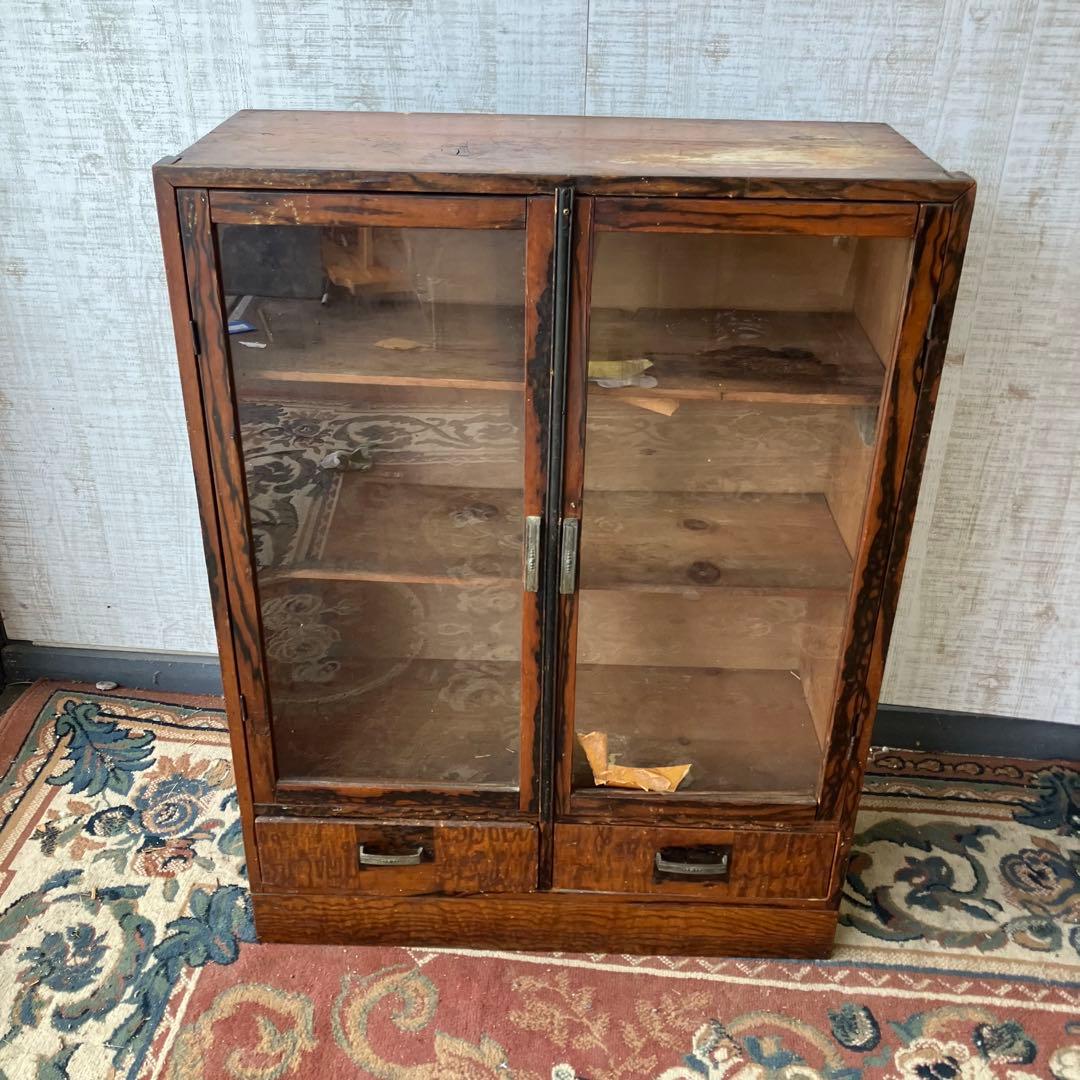 昭和レトロ 古家具 ガラス戸 木製キャビネット 食器棚 飾り棚 サイドボード古材