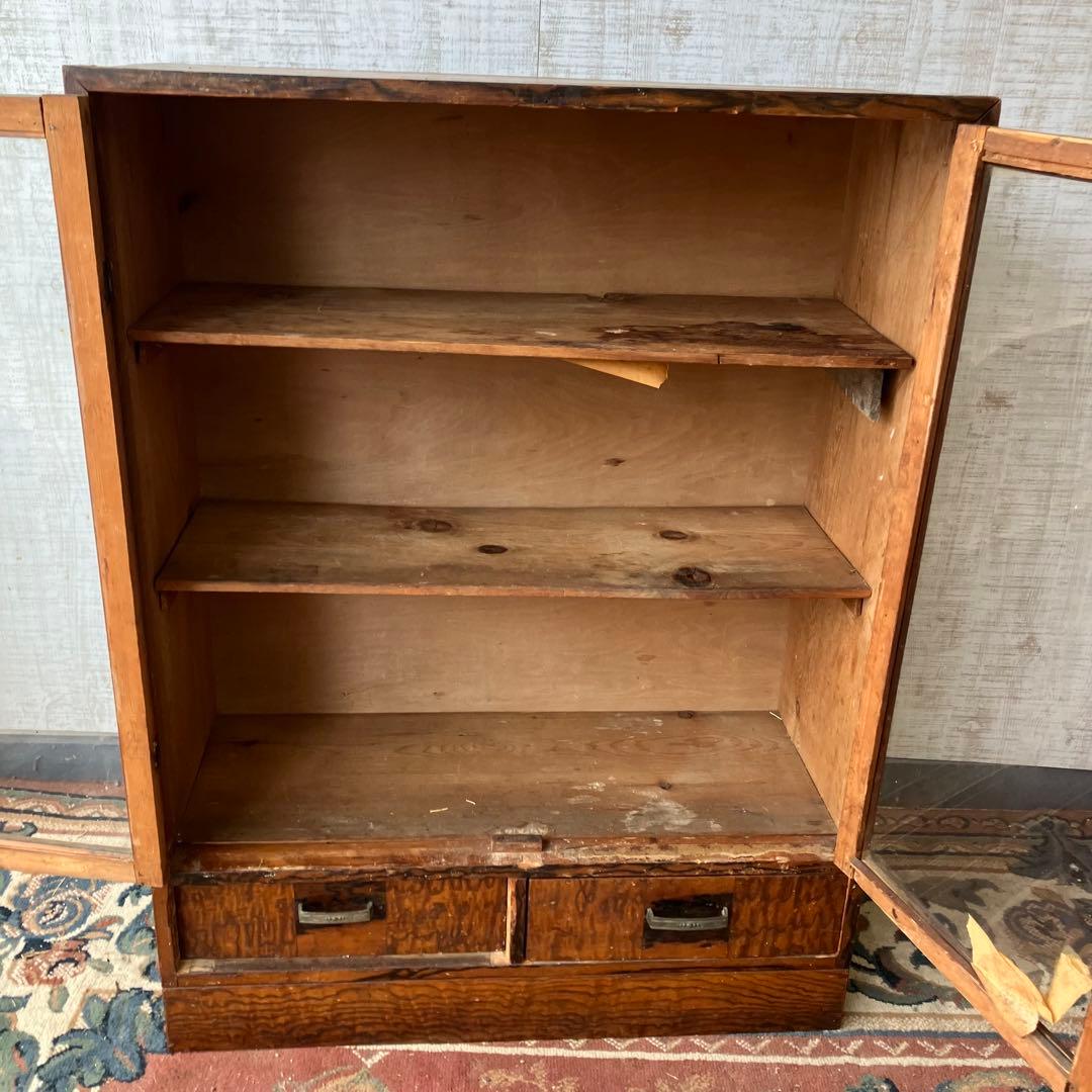 昭和レトロ 古家具 ガラス戸 木製キャビネット 食器棚 飾り棚 サイドボード古材