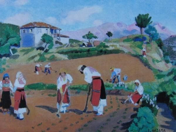 硲伊之助、煙草畑の耕作者たち、希少画集画、新品高級額、額装付