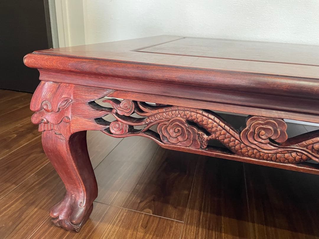 高級唐木　獅子龍彫刻付漆仕上長座卓　150cm幅テーブル一枚板 たのメル便‼️