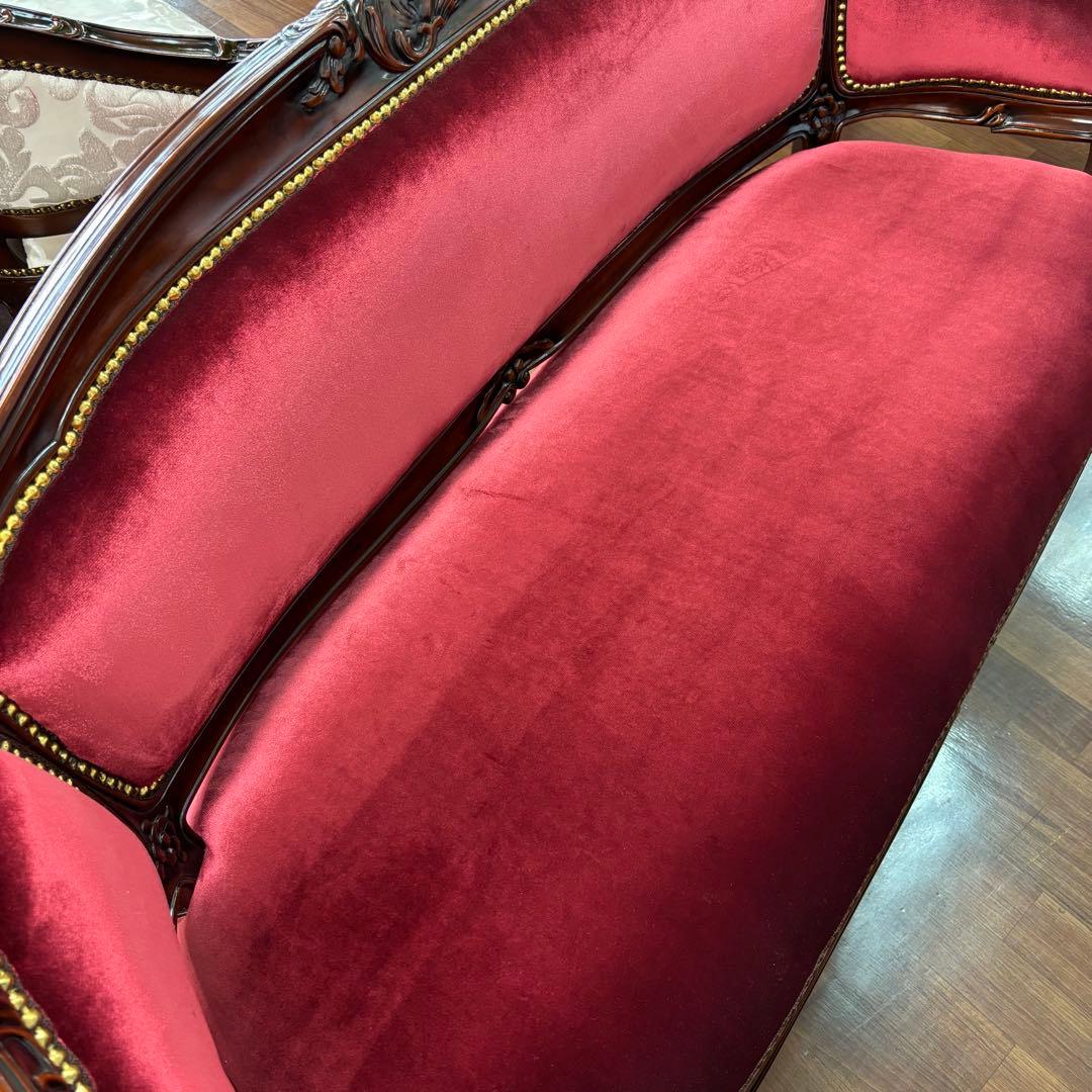 マホガニー ベロア レッド アンティーク調 ラブソファ 高級 おしゃれ 二人掛け