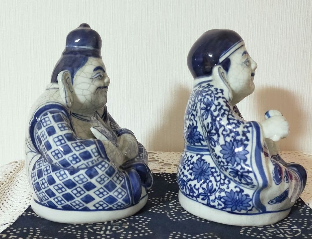 青磁釉陶器　七福神恵比寿様、大黒天様　商売繁盛　開運縁結　希少縁起物　木製台付き