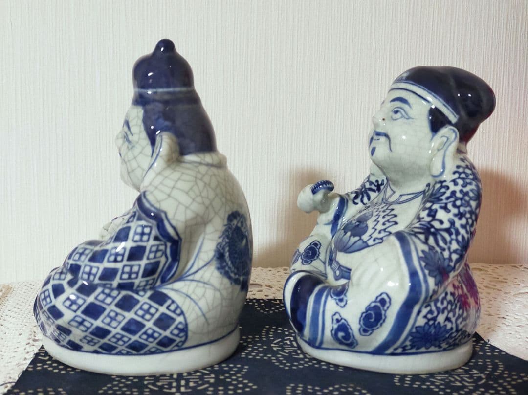 青磁釉陶器　七福神恵比寿様、大黒天様　商売繁盛　開運縁結　希少縁起物　木製台付き