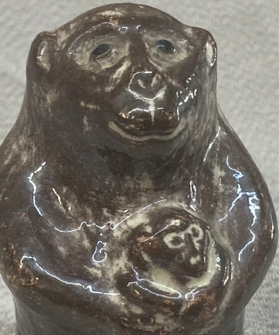 B203s 吉向焼 吉向松月造「親子瓦ざる」申香合 共布共箱 猿 茶道具香