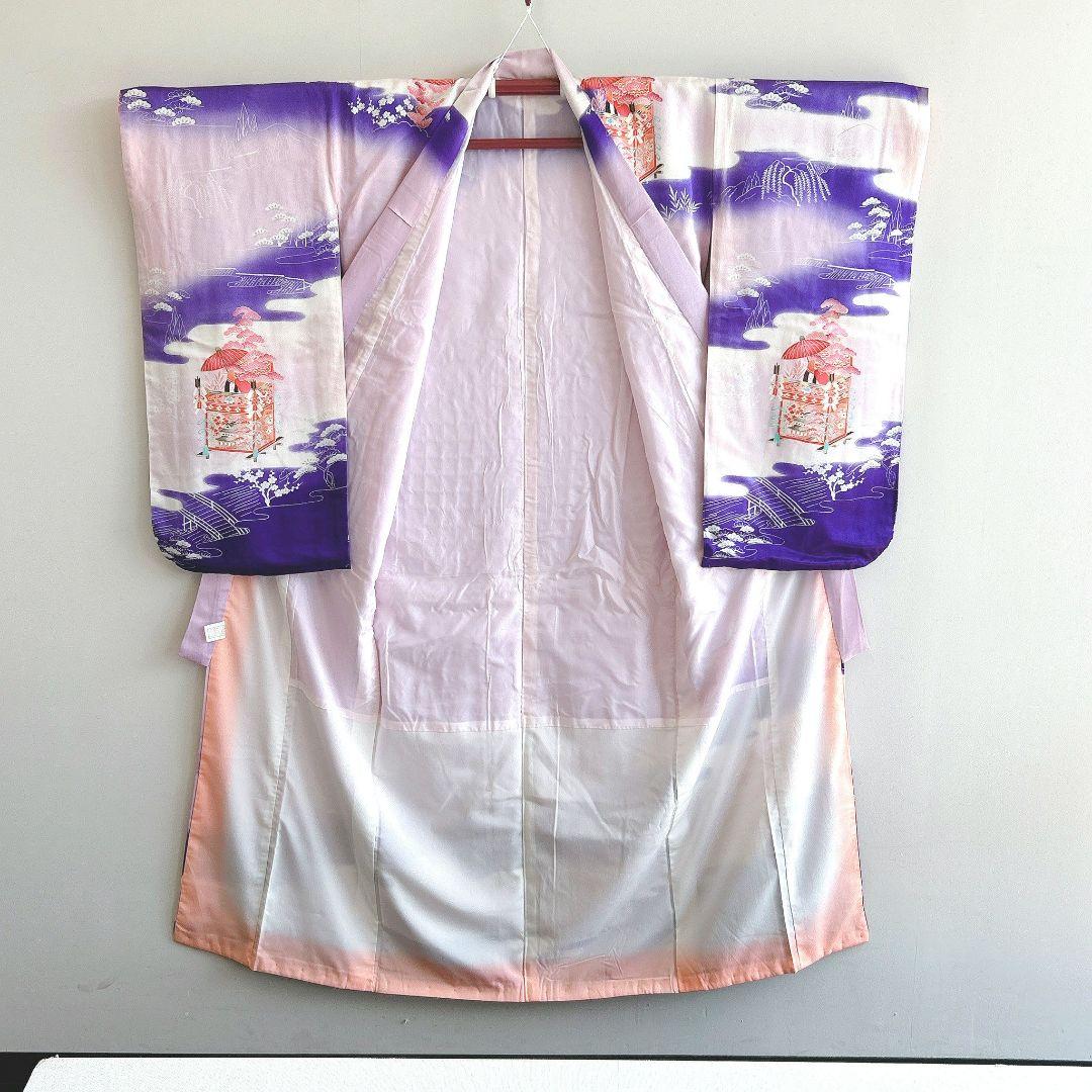 セット　七五三　7歳女の子　長着＆作り帯＆袖なし長襦袢＆小物　ラベンダー×紫葵祭