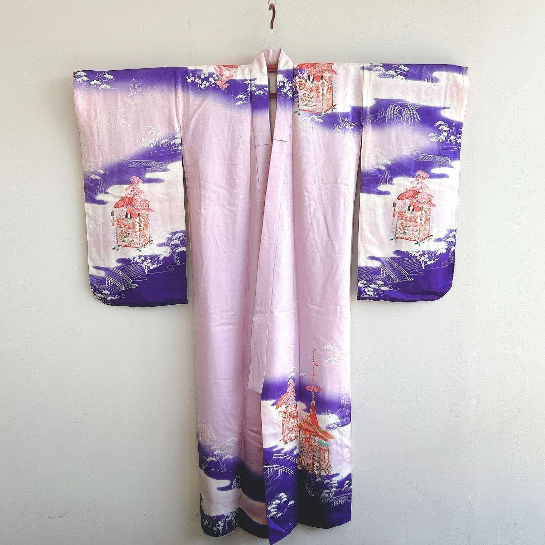 セット　七五三　7歳女の子　長着＆作り帯＆袖なし長襦袢＆小物　ラベンダー×紫葵祭