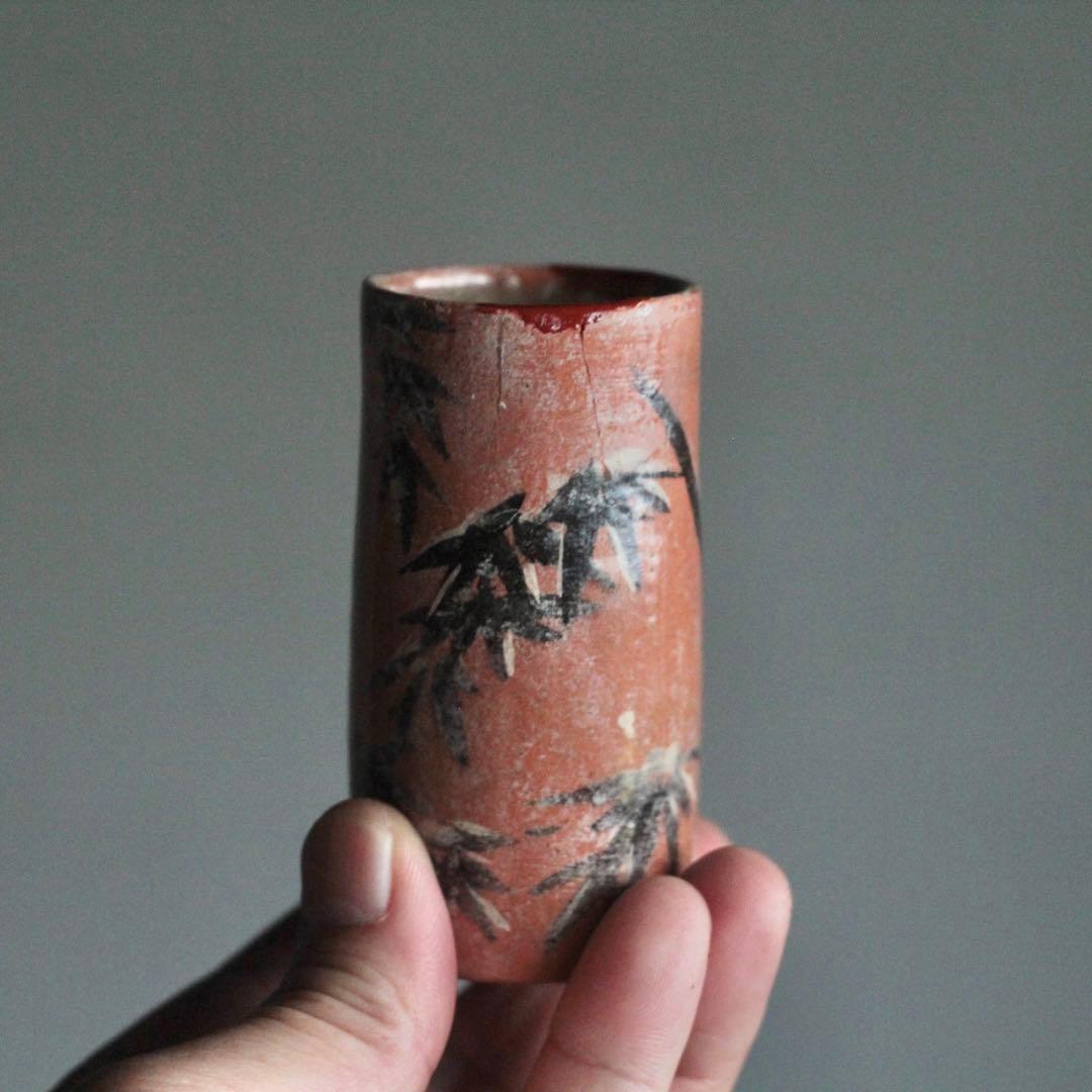 京焼 赤楽 筒盃 ぐい呑み 酒器 竹 筒向付 古美術