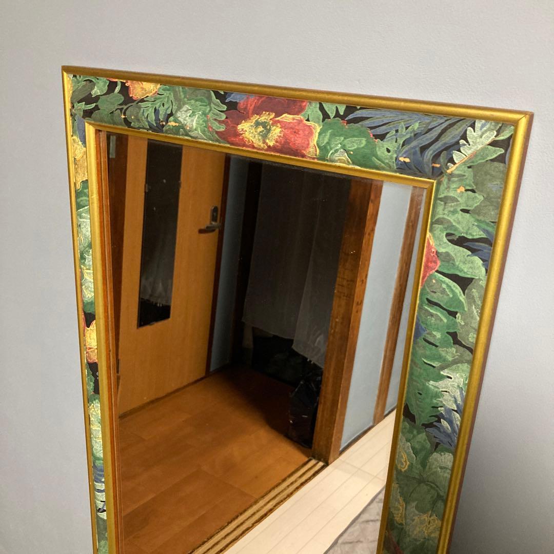 姿見 鏡 スタンドミラー 花柄 アンティーク 天然木