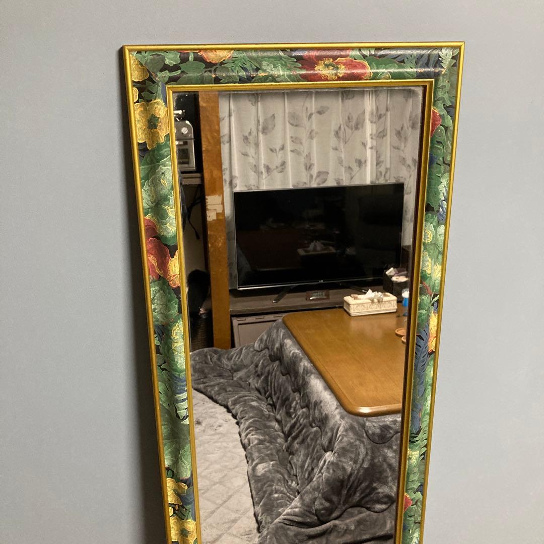 姿見 鏡 スタンドミラー 花柄 アンティーク 天然木