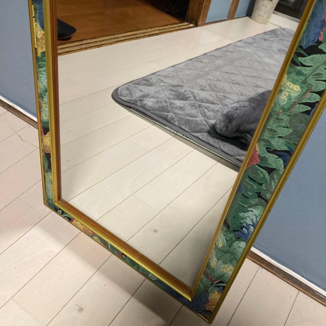 姿見 鏡 スタンドミラー 花柄 アンティーク 天然木