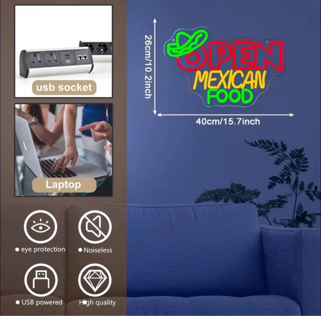 新品 LED ネオンサイン OPEN メキシカンフード USB式 店舗用 看板