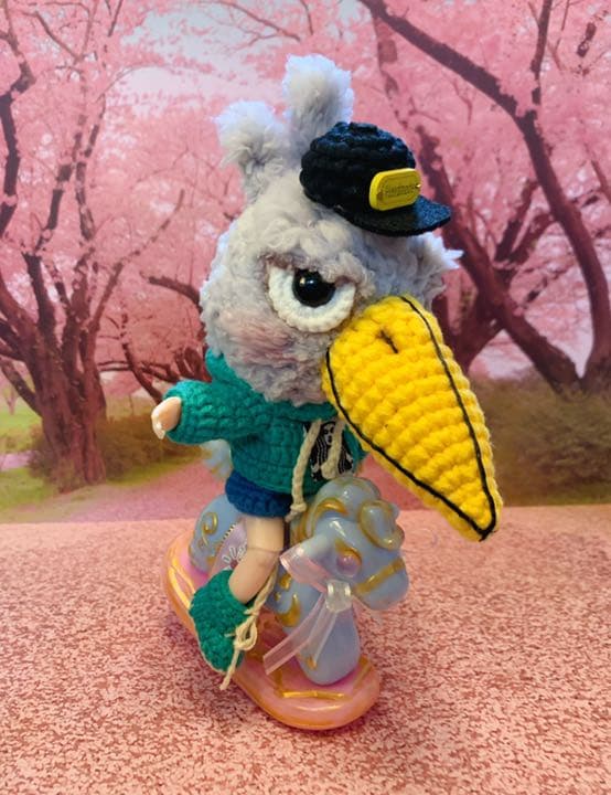 創作ドール　可動式ボディ　ハシビロコウ　編みぐるみ　人形