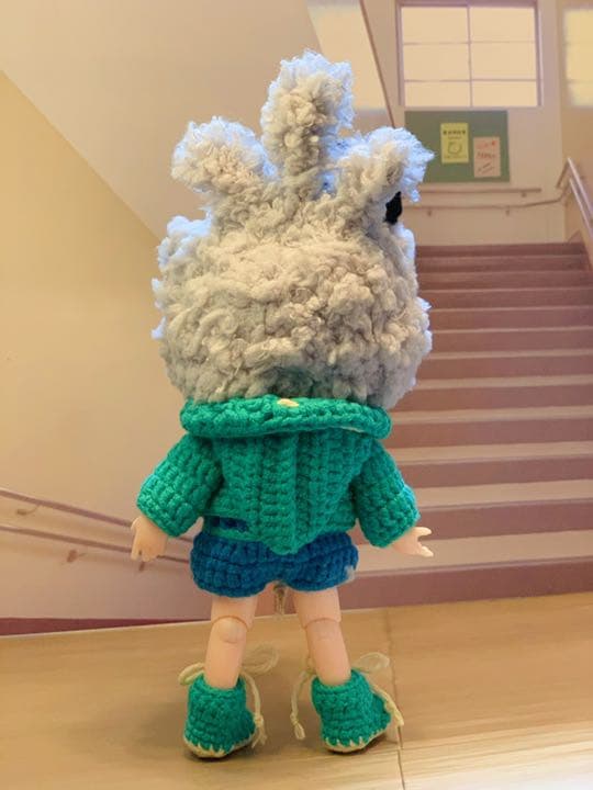 創作ドール　可動式ボディ　ハシビロコウ　編みぐるみ　人形