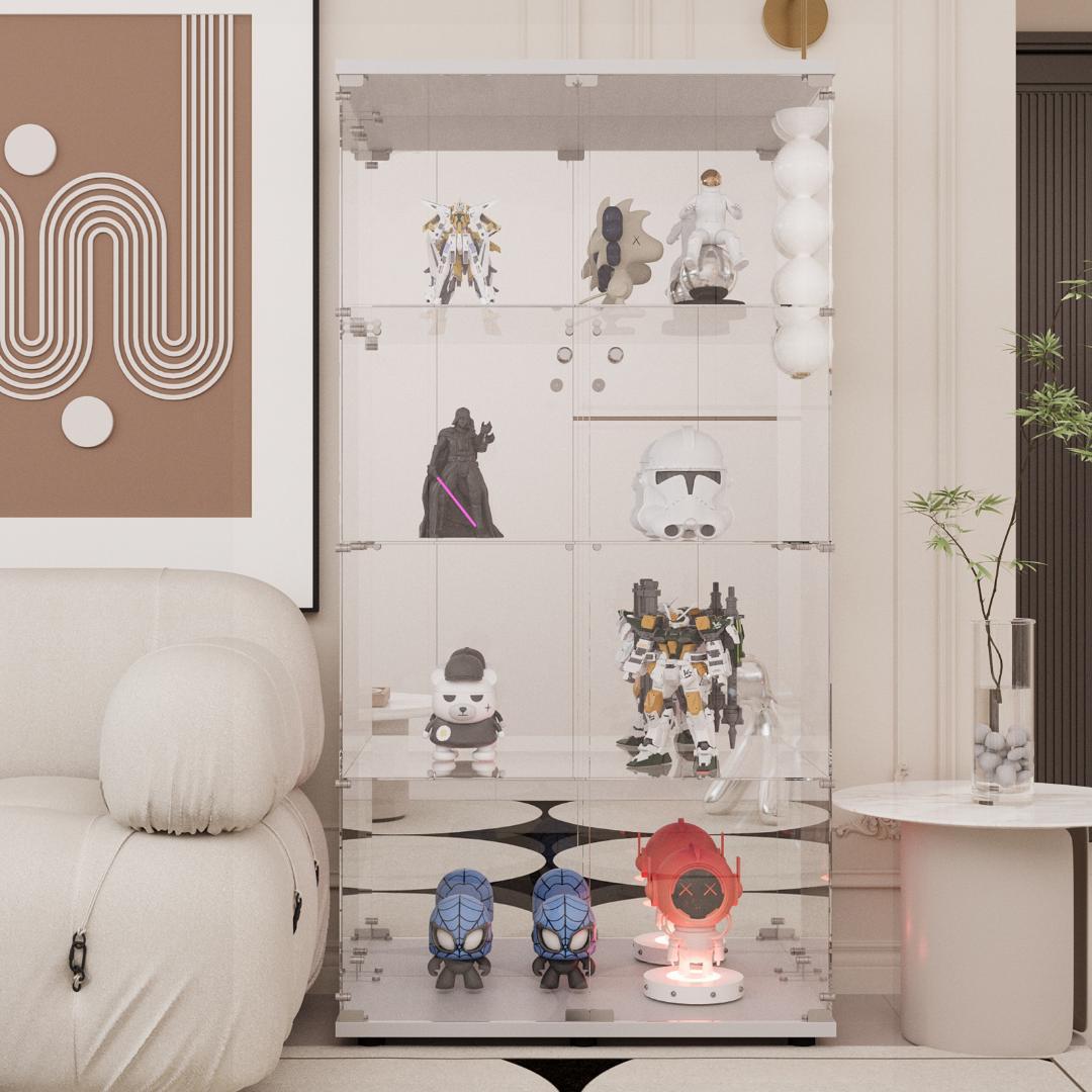 【新品】ガラスコレクションケース｜背面ミラー仕様｜4段両扉ワイド白｜フィギュア棚