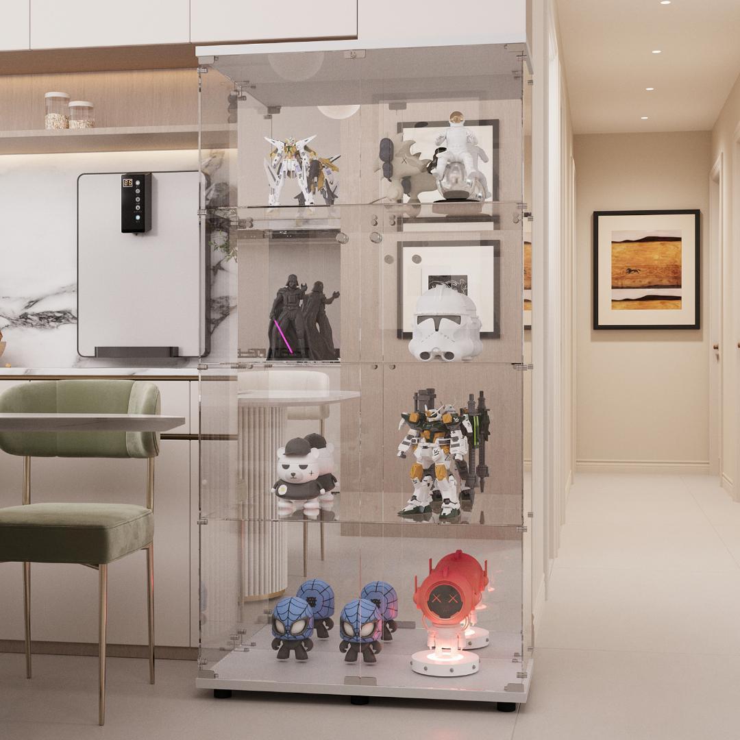 【新品】ガラスコレクションケース｜背面ミラー仕様｜4段両扉ワイド白｜フィギュア棚