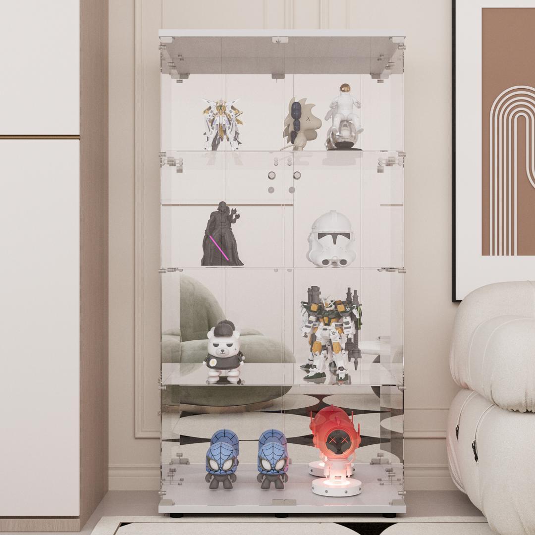 【新品】ガラスコレクションケース｜背面ミラー仕様｜4段両扉ワイド白｜フィギュア棚