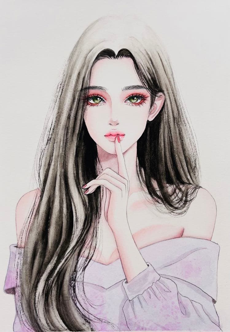 手描きイラスト 水彩原画 ロングヘアの女の子227 - メルカリ