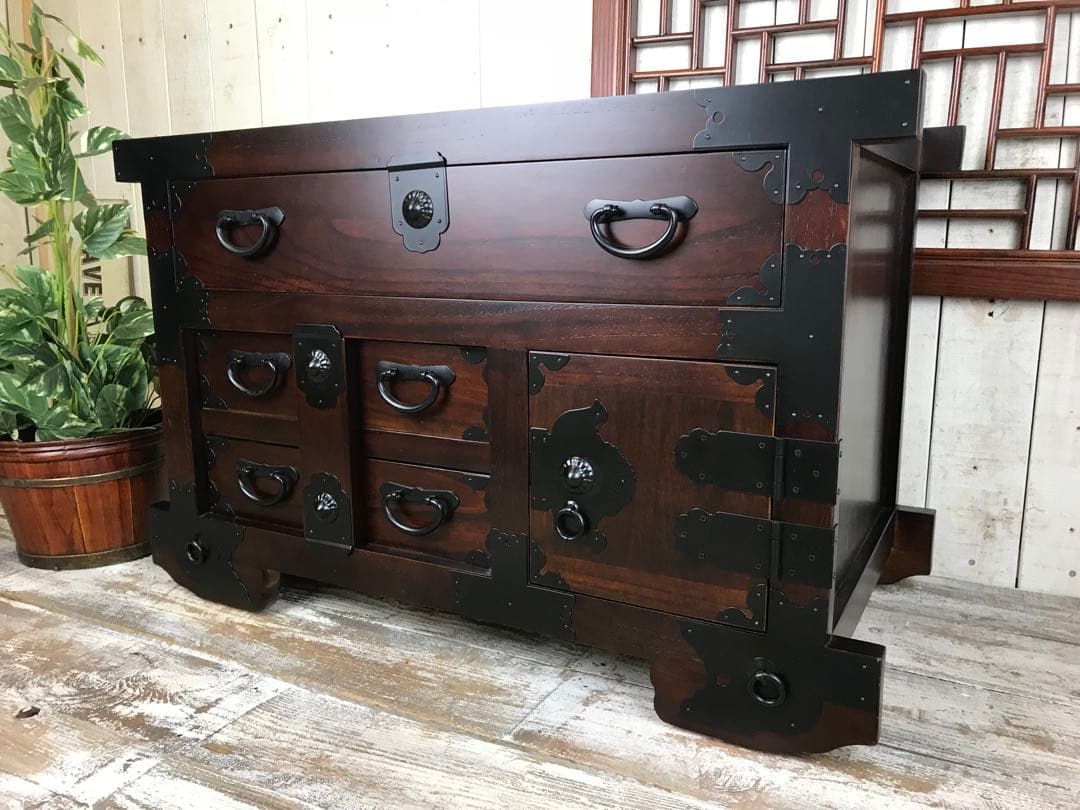 訳あり品！【138】民芸家具からくり車箪笥L木製桐材天然無垢飾り棚収納チェスト