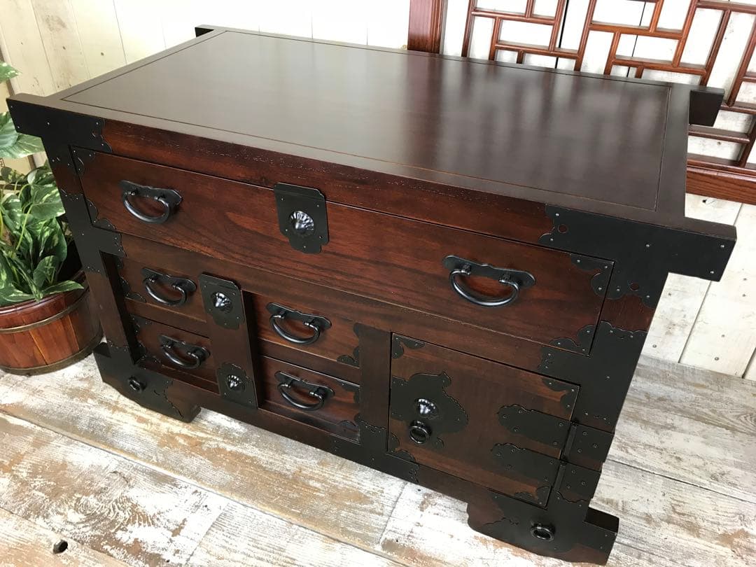 訳あり品！【138】民芸家具からくり車箪笥L木製桐材天然無垢飾り棚収納チェスト