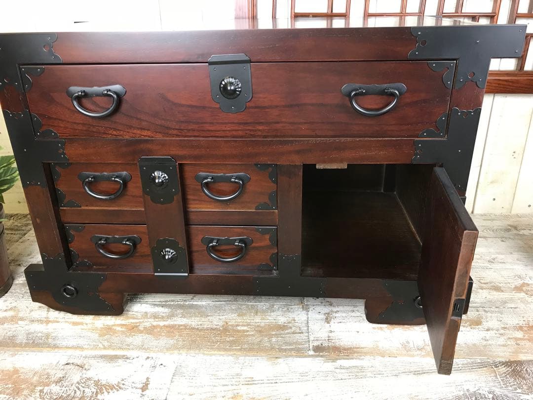 訳あり品！【138】民芸家具からくり車箪笥L木製桐材天然無垢飾り棚収納チェスト