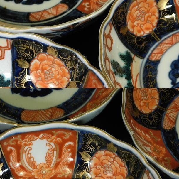 時代磁器 古伊万里 染錦若松牡丹紋 輪花ナマス皿（5枚）】