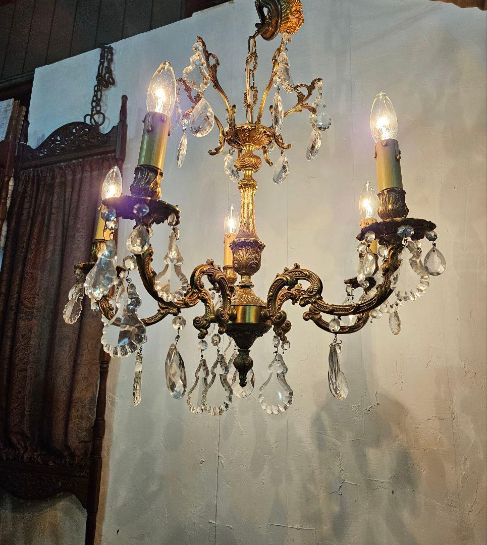 フランスアンティーク シャンデリア 5灯 クリスタルドロップ ペンダントライト