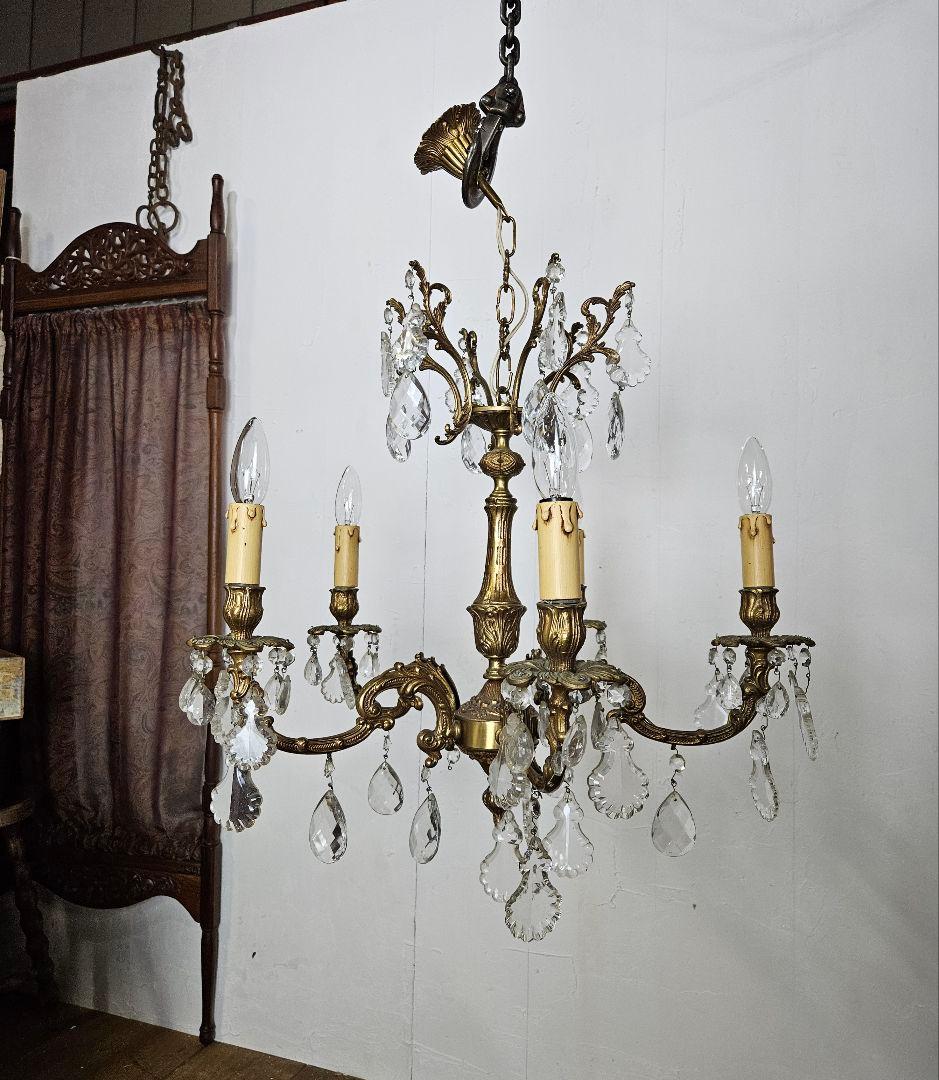 フランスアンティーク シャンデリア 5灯 クリスタルドロップ ペンダントライト