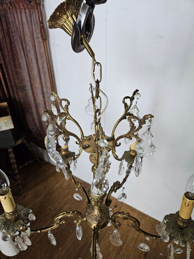 フランスアンティーク シャンデリア 5灯 クリスタルドロップ ペンダントライト