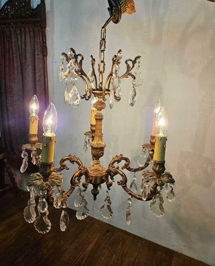フランスアンティーク シャンデリア 5灯 クリスタルドロップ ペンダントライト
