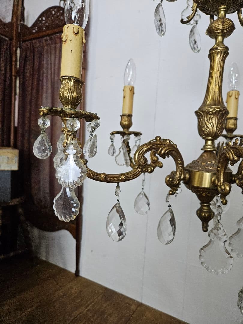 フランスアンティーク シャンデリア 5灯 クリスタルドロップ ペンダントライト