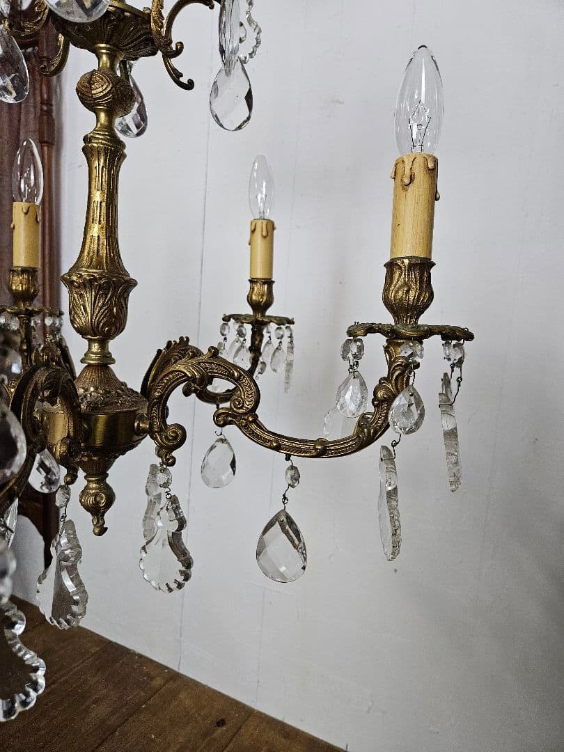 フランスアンティーク シャンデリア 5灯 クリスタルドロップ ペンダントライト