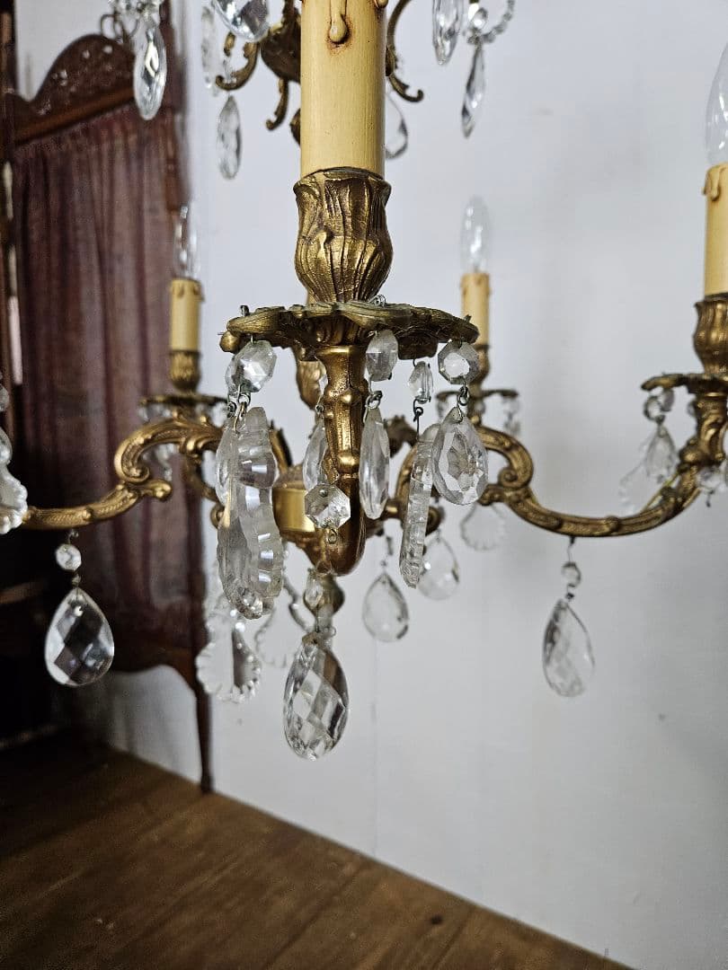 フランスアンティーク シャンデリア 5灯 クリスタルドロップ ペンダントライト
