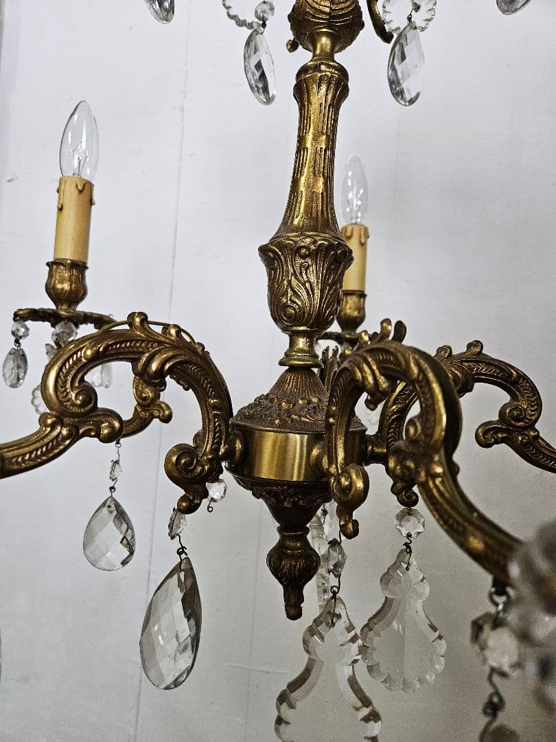 フランスアンティーク シャンデリア 5灯 クリスタルドロップ ペンダントライト