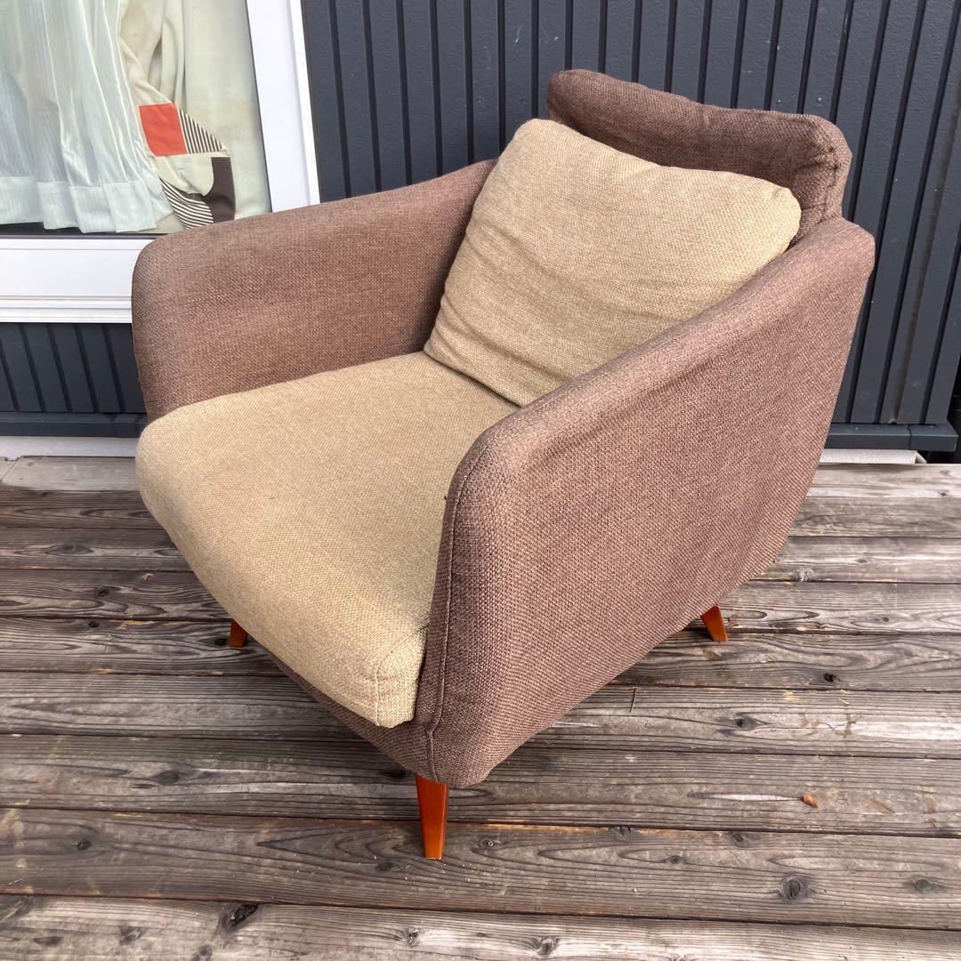 北欧レトロ 東谷 一人掛けソファー アームチェア ブラウンページュファブリック
