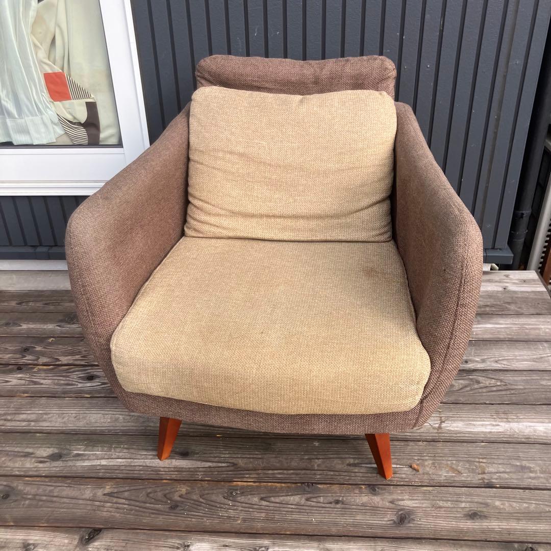 北欧レトロ 東谷 一人掛けソファー アームチェア ブラウンページュファブリック