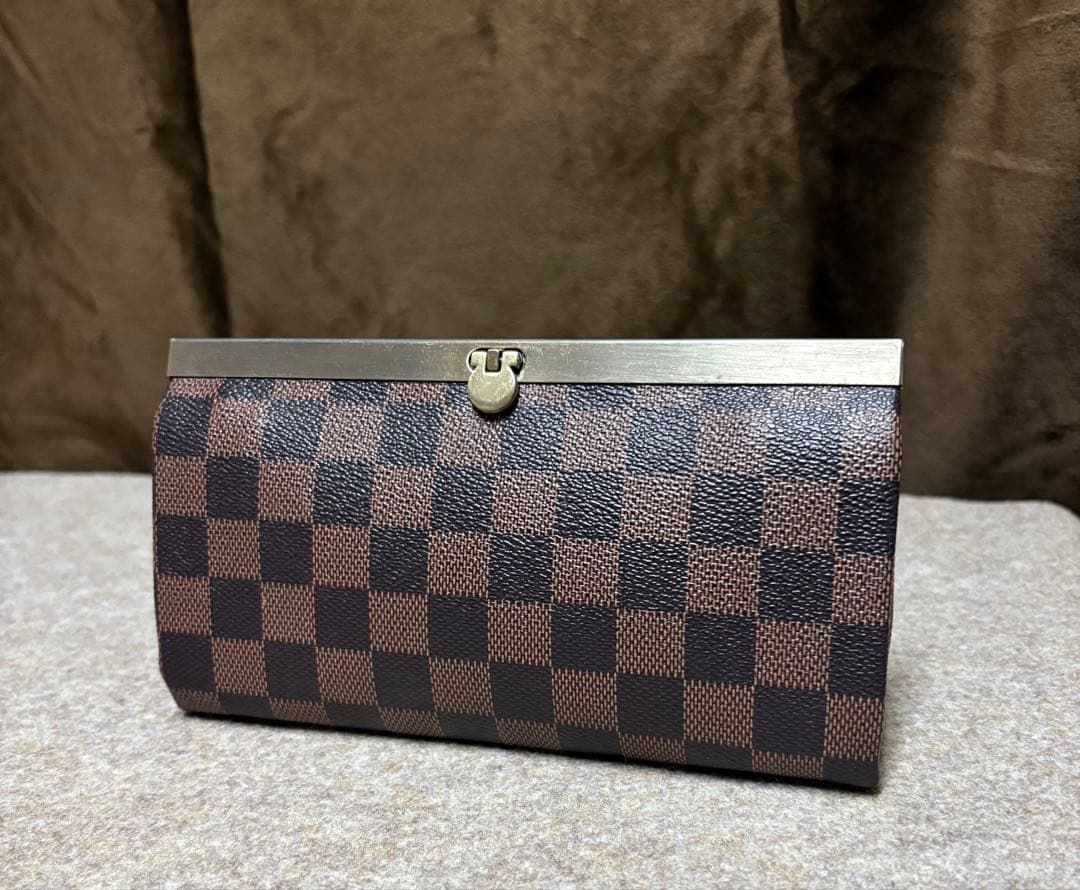 ゆら様 大きめ口金30cmデニムリメイクがま口バッグ 市松ブラウン がま口長財布