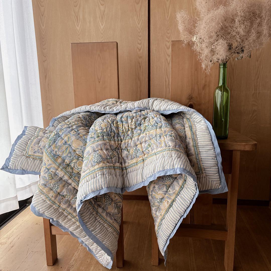 未使用※インド ブロックプリント 中綿入りベビーキルト ソフトイエロー　ラグ