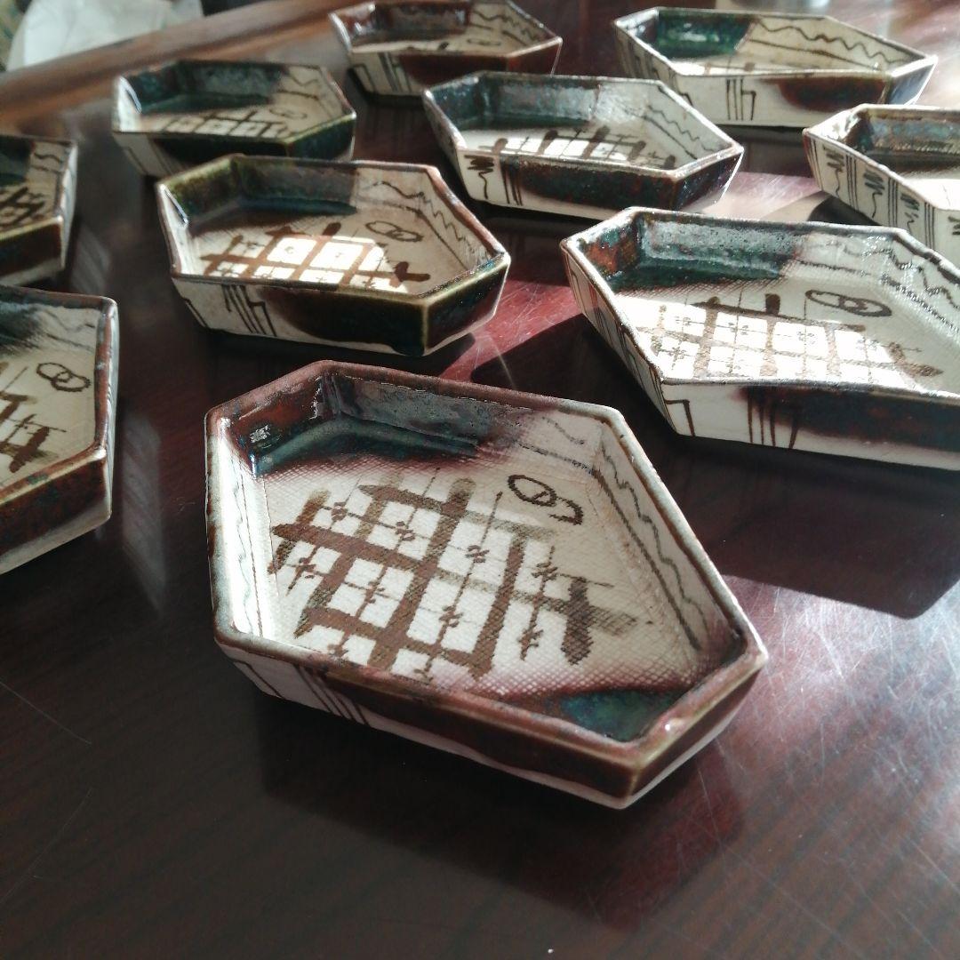 瀬戸焼　織部菱形皿　10枚　16.7cm　大正～昭和中期