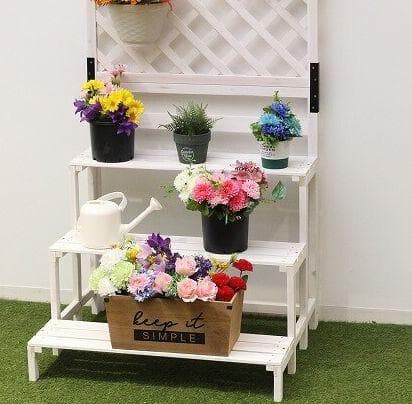 ３個セット 木製ラティスフェンス付きフラワースタンド 3段ホワイト